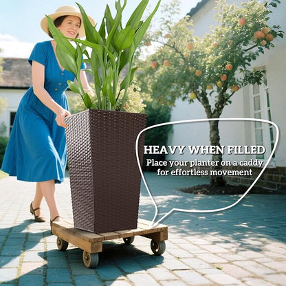 Outsunny Tall Planters for Outdoor Plants Set of 3, 24 in Taper Planters with Drainage Holes, Rattan Decor Plant Pots for Indoor Outdoor Front Porch Patio Backyard, Brown