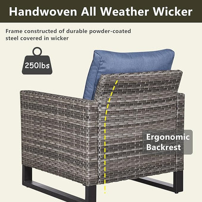 Rilyson Wicker Outdoor Patio Furniture Set - 6 Piece Patio Conversation Set with 2 Armrest Chairs,2 Rattan Ottoman,1 Couch and 1 Metal Side Table for Outside Porch Deck Backyard(Mixed Grey/Blue)
