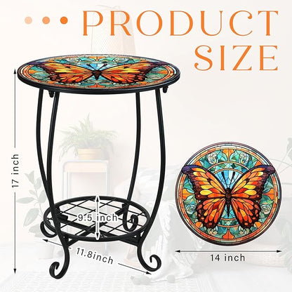 Cinnvoice Outdoor Side Table Round Small Mosaic Patio Accent Indoor End Plant Coffee Tea Table for Yard Patio Porch Garden Living Room, Bedroom(Butterfly B Style,14 Inch)