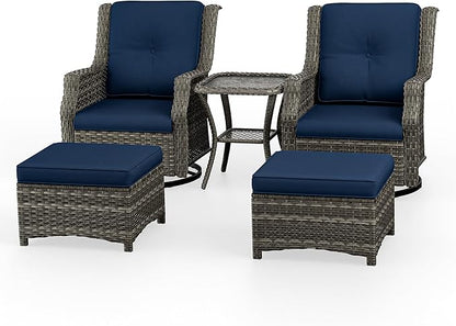 5 Piece Patio Furniture Wicker Conversation Set, 2 Swivel Chairs, 2 Ottomans with 1 Side Table, for Outdoors, Backyard, Deck, Navy