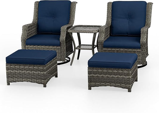 5 Piece Patio Furniture Wicker Conversation Set, 2 Swivel Chairs, 2 Ottomans with 1 Side Table, for Outdoors, Backyard, Deck, Navy