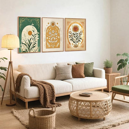 CHDITB Bohemian Sun Floral Framed Canvas Wall Art Set, Mystical Nature Wall Decor, Celestial Sun Art Prints, Vintage India Posters for Wall Modern Art Sunroom Living Room Office Art Prints 24"x36"x3