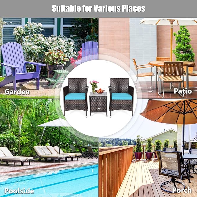 COSTWAY 3 PCS Patio Furniture Set, Outdoor Wicker Conversation Set with Tempered Glass Coffee Table, Seat Cushions, Rattan Wicker Chairs for Poolside Balcony Porch Backyard, Blue