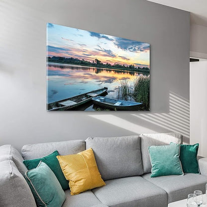 ArtSquare Lake Sunset Canvas Wall Art: Large Forest Landscape Scenery Prints Nature Green Water Reed Painting Wilderness Boat Shore Gallery Artwork Sunrise Skyline Scene Picture for Living Room