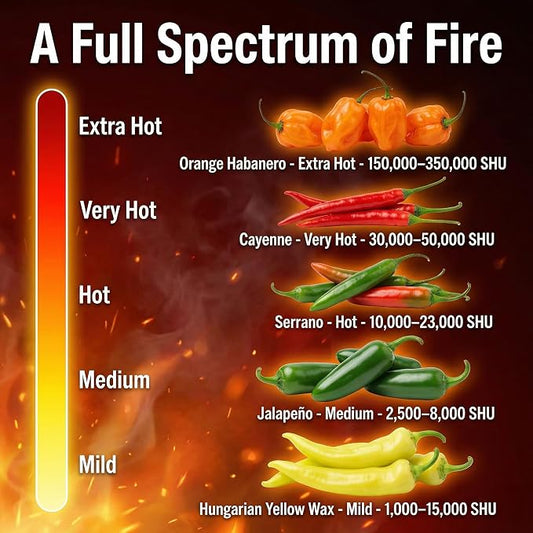 Hot Pepper Seeds for Planting, Cayenne, Hungarian Yellow, Jalapeno, Serrano, Habanero Orange, Heirloom Pepper Seeds Variety Pack, NonGMO, Made in USA