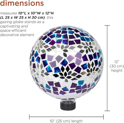 Alpine Corporation HMD218 Mosaic Gazing Globe with Mirrored Floral Pattern Decoration for Garden, Patio, and Lawn, 12" H