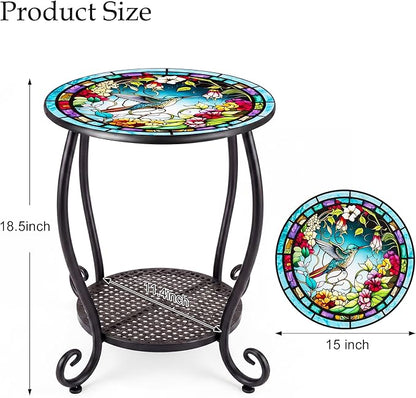 Outdoor Side Table,Small Round Patio Acceet End Plant Metal Coffee Table for Yard Porch Garden Patio Living Room, Bedroom(Hummingbird)