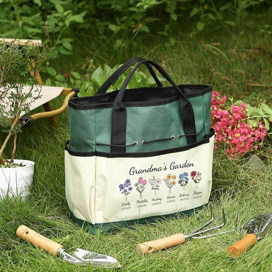 Personalized Garden Tools Set for Women: Custom Text Garden Tool Bag and Garden Shovel & Transplant Shovel & Hand Rake - Gardening Gifts for Mom Grandma Gardening Lover (6 Flowers)