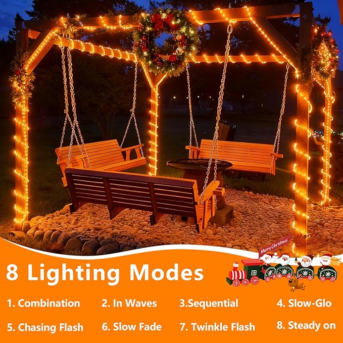 YEGUO Orange Lights for Tanksgiving, 2 Pack Each 33ft 100 LED Rope Lights Outdoor, 8 Modes Fairy Lights in Clear Thin Tube for Fall Autumn Thanksgiving Halloween