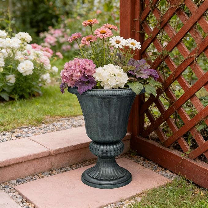 Athena Collection 20''H Garden Plastic Urn Vintage Tall Planter Urn Patio Large Flower Pot Porch Planter Large Planter for Indoor Outdoor Plant, Dark Green