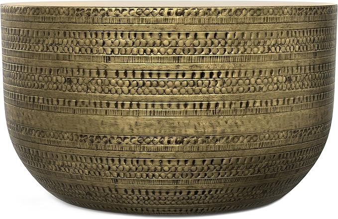 SIMPLIHOME Johnsen Metal Coffee Table - 30 inch Wide Solid Metal Round Drum Accent Table in Antique Gold, Boho Coffee Table for Living Room or Bedroom with Decorative Textured Design, Assembled