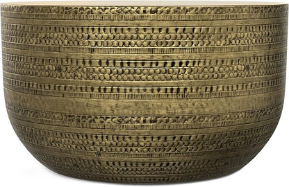 SIMPLIHOME Johnsen Metal Coffee Table - 30 inch Wide Solid Metal Round Drum Accent Table in Antique Gold, Boho Coffee Table for Living Room or Bedroom with Decorative Textured Design, Assembled
