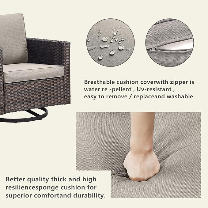Outdoor Patio Swivel Rocker Chairs - Single Wicker Patio Swivel Rocking Chair with Waterproof Wicker,Comfortable Cushions and Sturdy Metal Frame for Outside Porch Deck Backyard(Brown/Grey/1PC)