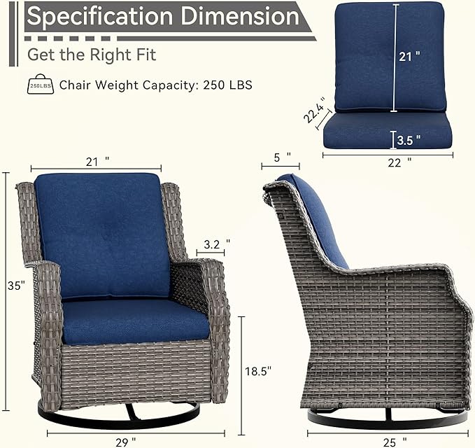 Outdoor Swivel Rocker Patio Chair - 360 Degree Patio Swivel Glider Chair with 3.5" Premium Olefin Fabric Cushions(Mixed Grey/Blue)