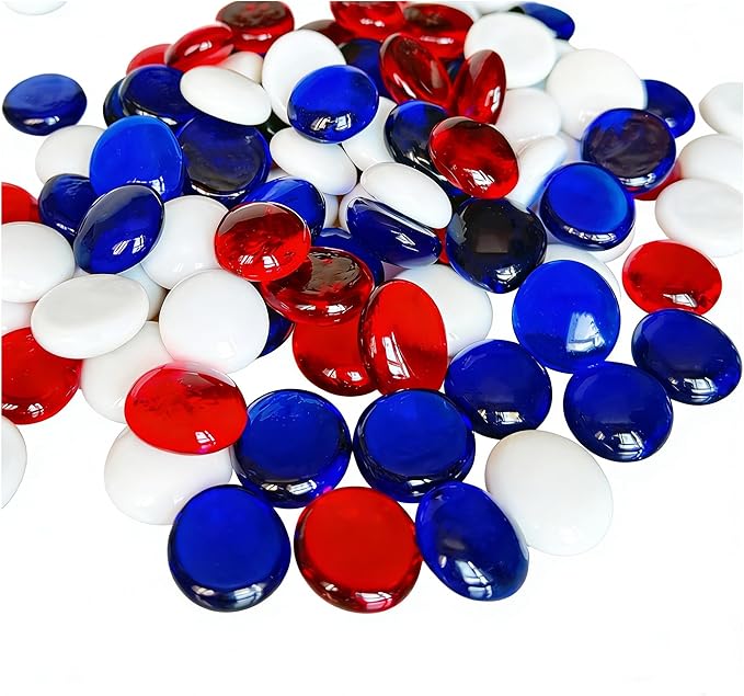 150 Pieces Red Blue White Glass Gemstone Beads Patriotic Vase Fillers Stone Independence Day Bowl Filler Gems Flat Marble Beads Glass Gem Pebbles for Home Decoration (Red Bule and White)