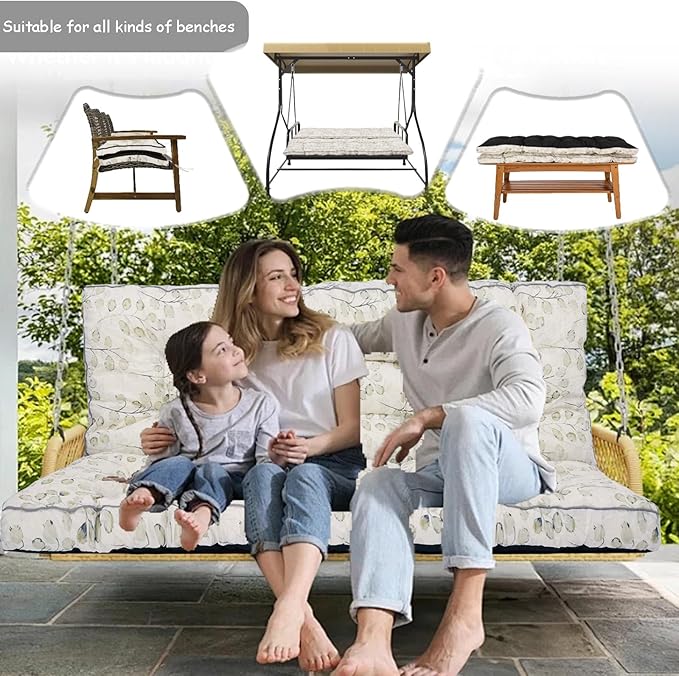 Porch Swing Cushion Three Seat, Waterproof Swing Cushions Replacement with Backrest, Outdoor Garden Furniture Patio 4" Thickened Cushions with Ties (White Leaves, 40 x 63in)