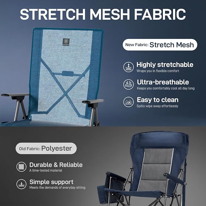 EVER ADVANCED Reclining Camping Chairs for Adult Lightweight, Portable Compact Folding Chair with High Back, 4-Level Recliner Chairs, Lawn Chair for Patio Balcony, Supports 350lbs, Stretch Mesh Blue