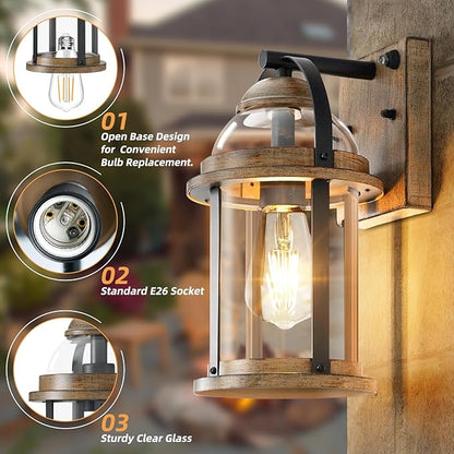 OKELI Dusk to Dawn Outdoor Wall Lights, Waterproof Lighting Fixtures Rustic Farmhouse Wall Lanterns with Clear Glass Shades Anti-Rust Outside Lights for Garage Patio Porch(Wood Grain, 2 Pack)