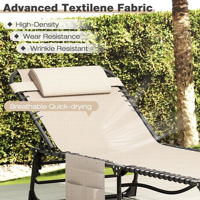 EBE Folding Lounge Chair, Outdoor Adjustable Chaise Lounge Chair, Portable Tanning Chaise with Detachable Pillow and Side Pocket, Reclining Chairs for Pool Beach Patio Sunbathing, Beige