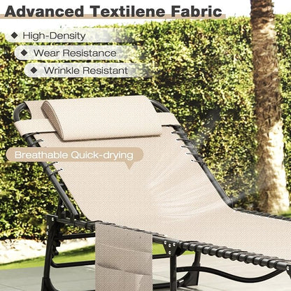 Folding Lounge Chair Outdoor, 4-Level Reclining Backrest Aluminum Lounge Chair, Removable Pillow & Side Pocket Design, Breathable Portable Tanning Chair for Poolside, Patio, Backyard, Beige