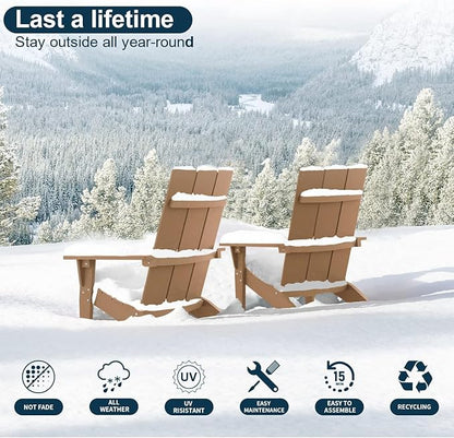 MXIMU Modern Adirondack Chairs Set of 4 Weather Resistant with Cup Holder Oversize Plastic Fire Pit Chairs Plastic Outdoor Chairs for Firepit Area Seating (Teak)