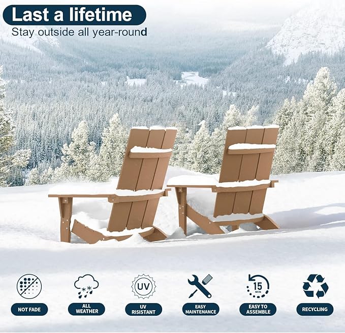 MXIMU Modern Adirondack Chairs Set of 8 Weather Resistant with Cup Holder Oversize Plastic Fire Pit Chairs Plastic Outdoor Chairs for Firepit Area Seating (Teak)