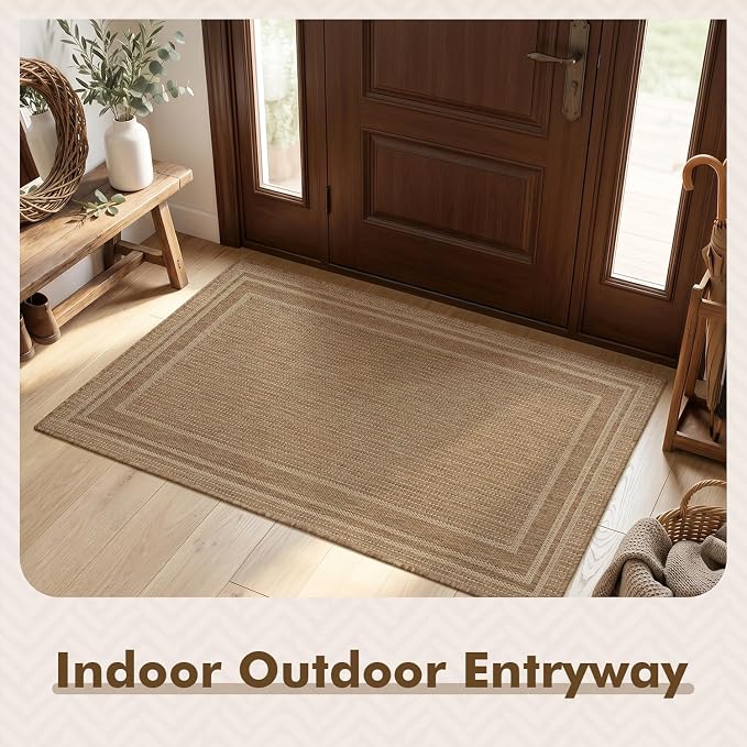 MontVoo-3x5 Outdoor Rug Porch Entryway Rug-Polypropylene Indoor Outdoor Rugs for Entryway Kitchen Balcony Patio, Textured Weave, Durable, Fade-Resistant, Non-Shedding, Modern Neutral Brown