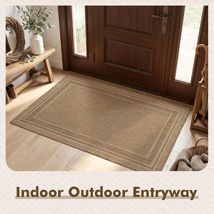 MontVoo-3x5 Outdoor Rug Porch Entryway Rug-Polypropylene Indoor Outdoor Rugs for Entryway Kitchen Balcony Patio, Textured Weave, Durable, Fade-Resistant, Non-Shedding, Modern Neutral Brown
