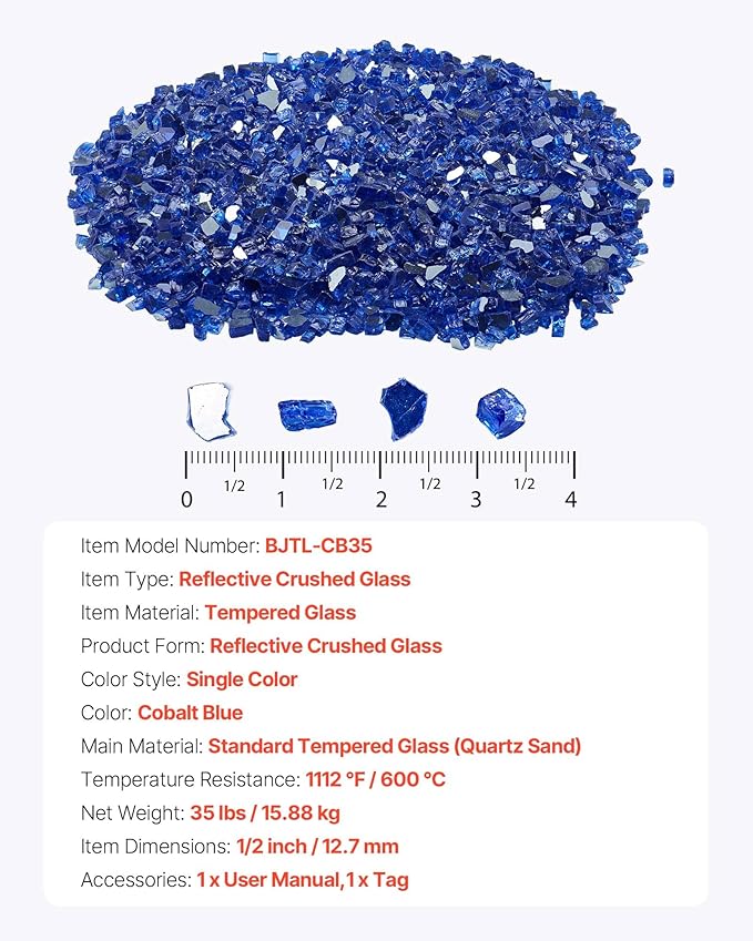 VEVOR Fire Glass, 35LBS / 15.88KG High-Temperature Resistant Fireplace Rocks, 1/2-Inch / 12.7mm Reflective & Smokeless Firepit Glass Rock, High Luster Stone Landscaping for Fire Pit Table, Cobalt Blue