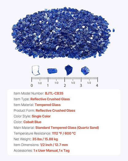 VEVOR Fire Glass, 35LBS / 15.88KG High-Temperature Resistant Fireplace Rocks, 1/2-Inch / 12.7mm Reflective & Smokeless Firepit Glass Rock, High Luster Stone Landscaping for Fire Pit Table, Cobalt Blue