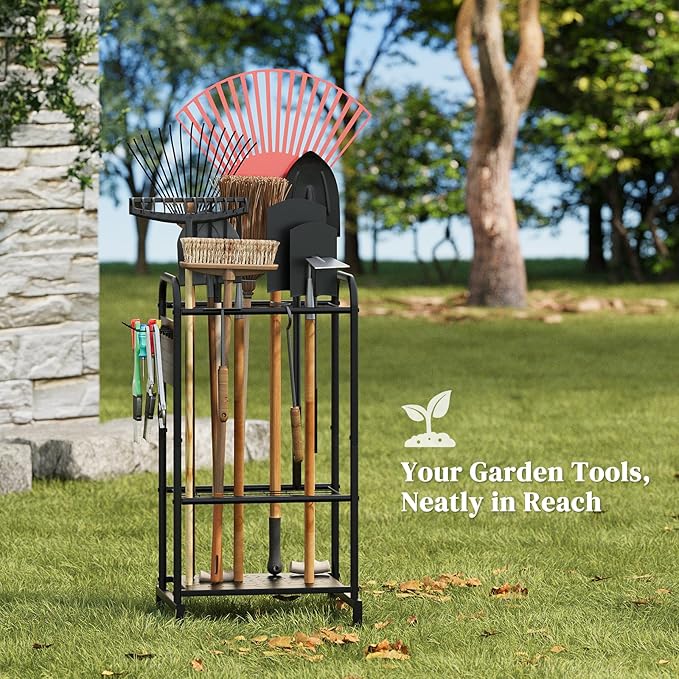 Garden Tool Organizer with Hooks Yard Tool Rack Heavy Duty Steel Yard Tool Organizer and Garden Storage Holder Broom Holder for Shed, Patio, Outdoor Indoor