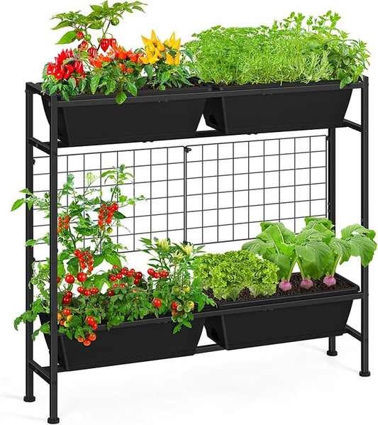 OYEAL Raised Garden Bed 32" Tall Elevated Planter Boxes with Trellis & Legs, Vertical Herb Garden Planter Outdoor for Gardening, Vegetables, Flowers, Herbs, Backyard, Black