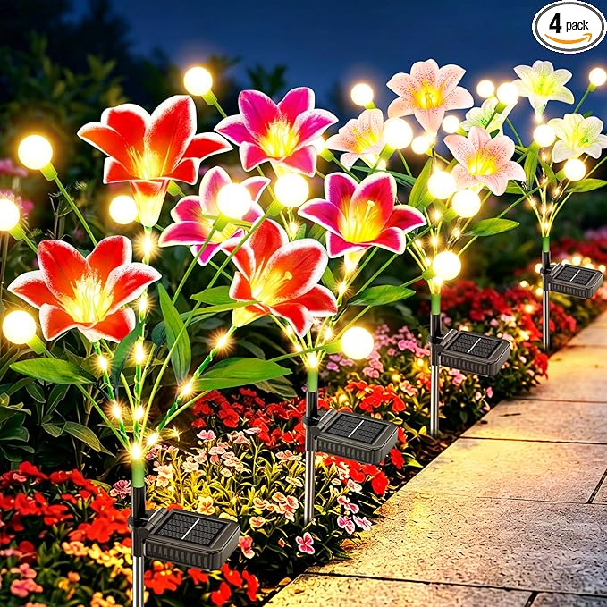 WdtPro Upgraded Solar Garden Lights Outdoor: 4 Pack 2-in-1 Solar Firefly Swaying Light with Lily Flower and Glowing Stem, Waterproof Garden Decor for Yard Patio Pathway Lawn, Gardening Gifts for Women