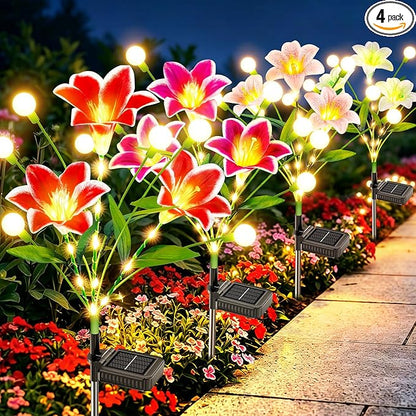 WdtPro Upgraded Solar Garden Lights Outdoor: 4 Pack 2-in-1 Solar Firefly Swaying Light with Lily Flower and Glowing Stem, Waterproof Garden Decor for Yard Patio Pathway Lawn, Gardening Gifts for Women