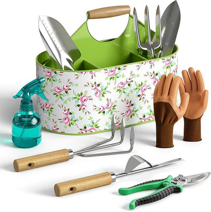 9-Piece Garden Tool Set, Heavy Duty Metal Storage Basket with 4 Compartments, Premium Stainless Steel Gardening Tools with Ergonomic Gardening Kit for Planting, Gardening Gift for Men Women