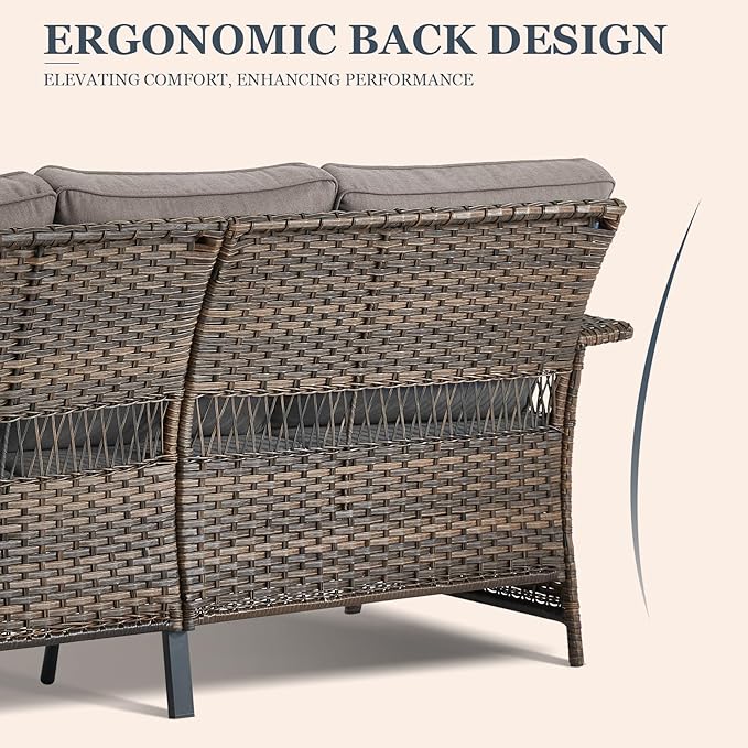 Patio Furniture Set 2 Wicker Patio Chairs 2 PE Rattan Ottomans with Grey Cushions Patio PE Rattan Sofa and Coffee Table Brown Wicker Patio Conversation Set 6pcs for Garden Backyard