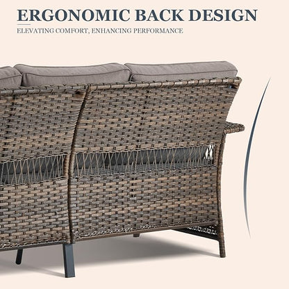 Patio Furniture Set 2 Wicker Patio Chairs 2 PE Rattan Ottomans with Grey Cushions Patio PE Rattan Sofa and Coffee Table Brown Wicker Patio Conversation Set 6pcs for Garden Backyard