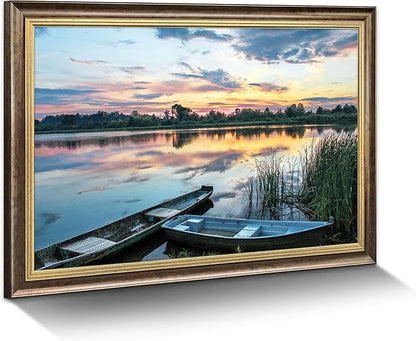 Lake Scene Canvas Wall Art: Large Framed Landscape Print Picture Relaxing Gorgeous Sunset Forest Artwork Calming Boat Reed Painting Contemporary Country Scenery Photo for Living Room Office