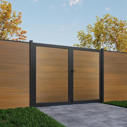 Wood Plastic Privacy Double Fence Gate 6ft(H) x 10ft(W), Metal Frame with Knob Kits, Durable Composite Outdoor Gate,Brown
