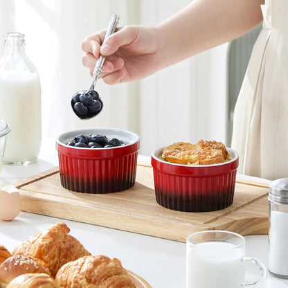 MALACASA Ramekins 8 oz Oven Safe, Large Ceramic Souffle Dishes for Baking & Serving, Stoneware Custard Cups Ramekin for Creme Brulee, Baking Bowls Set of 6, Red, Series RAMEKIN-DISH