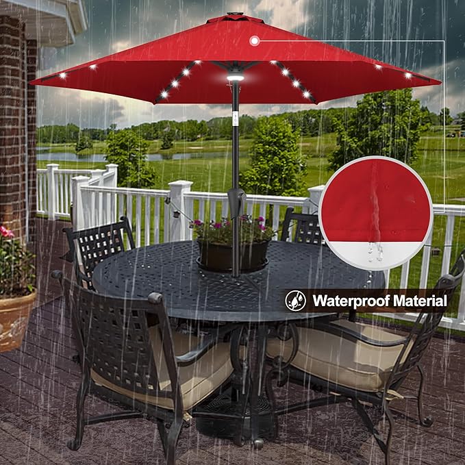 FLAME&SHADE 7.5 ft Solar Powered Outdoor Market Patio Table Umbrella with LED Lights and Tilt, Red