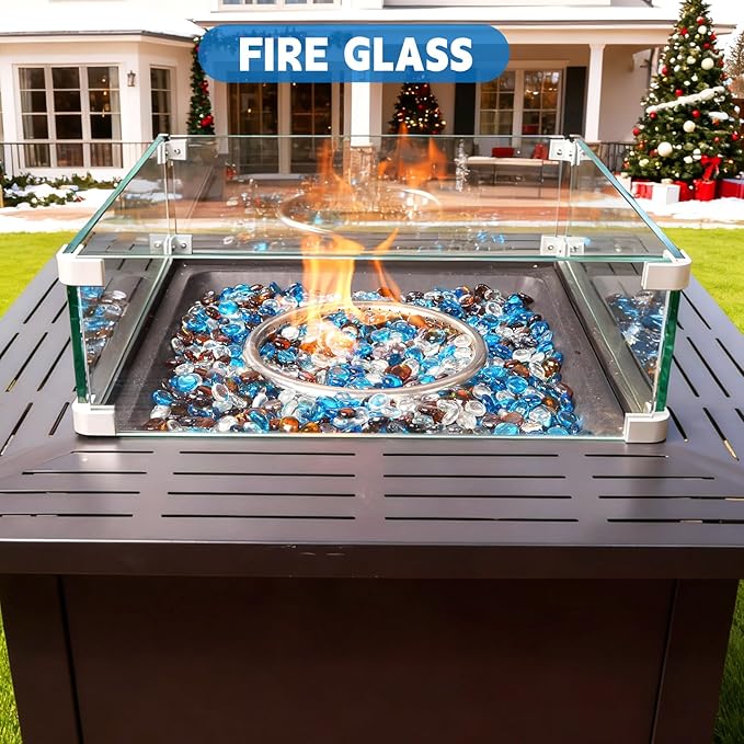 3/4 Inch Blended Fire Glass Beads,10LB Round Fire Glass Beads for Fire Pit Table, Fireplace and Fire Bowl (Caribbean Blue+Crystal Ice+Amber)