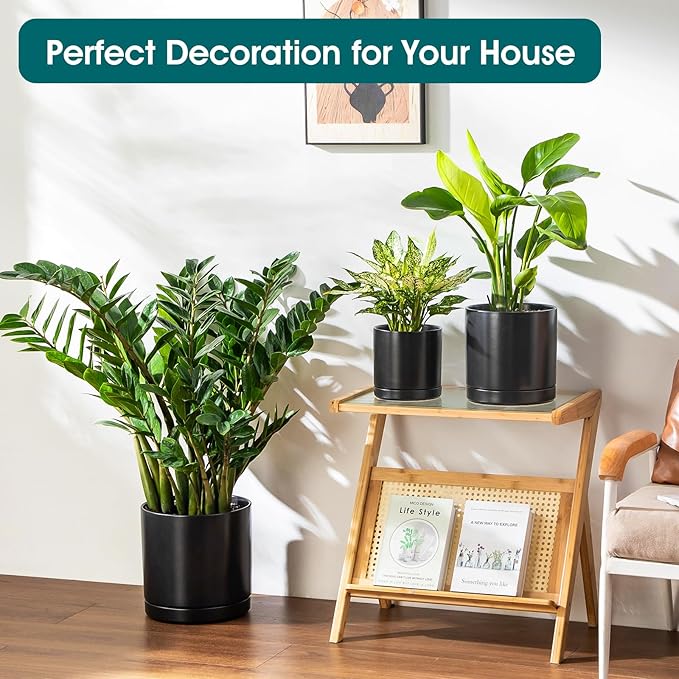 vancasso Ceramic Planters, Plant Pots for Indoor Plants, 6.25+8.25+10.25 Inch Ceramic Pots for Plants, Flower Pots with Drainage Holes (Black, 6.25+8.25+10.25 Inch)