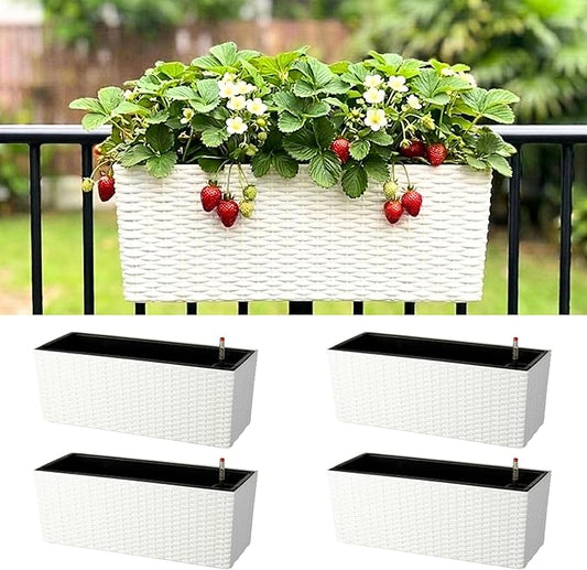 LaLaGreen Deck Railing Planter Box (20 Inch, 4 Pack) White Rectangular Window Flower Boxes with Bracket, Self Watering System Hanging Planter Box for Outdoor Plant Container Herb Rail Fence Balcony