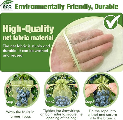 50 Pcs Drawstring Fruit Protection Bags, 4×6 Inch Green Mesh Fruit Net Covers, Anti-Bird Anti-Insect Garden Protective Bags for Fruit Tree, Tomato, Strawberry, Apple, Cherry, Grapes and Vegetables