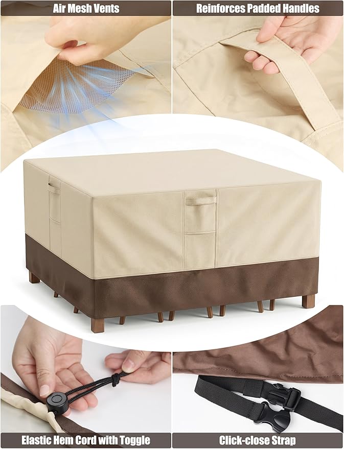 Patio Furniture Covers Waterproof Rectangular, Outdoor Furniture Covers Waterproof Windproof with Padded Handles, Heavy Duty 600D Oxford Outdoor Table Chair Set Cover