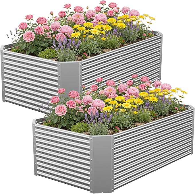 2 Pack 4x2x1.4 ft Galvanized Steel Raised Garden Bed, Extra-Deep Metal Planter Box for Vegetables, Herbs, and Flowers, Rust-Resistant for Backyard and Balcony Use
