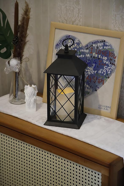 YAKii 13" Decorative Candle Lantern with LED Flameless Candle and Timer, Plastic LED Candle & Holder, Indoor & Outdoor Hanging Lights Thanksgiving &Christmas Day Decorations (Black)