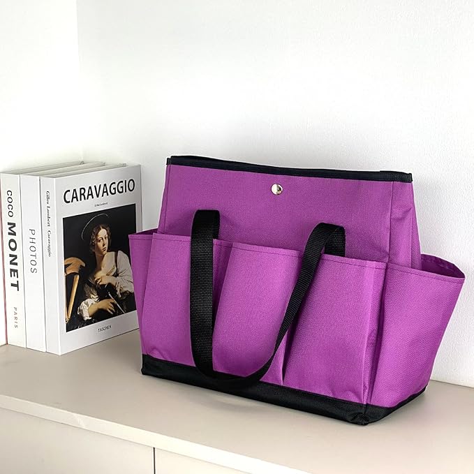 Garden Tool Bag with Interior Exterior Side Pockets, Gardening Tote Bag for Garden Plant Tool Set Store Content Bag, 8 Storage Pockets (Purple)
