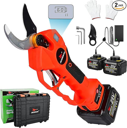 25V Electric Pruning Shears, Suoxin 1.6" Cutting diameter Brushless Cordless Tree Pruner with LCD Display, 2×4.0Ah Batteries, SK5 Blade – Professional Garden Tool for Thick Branches